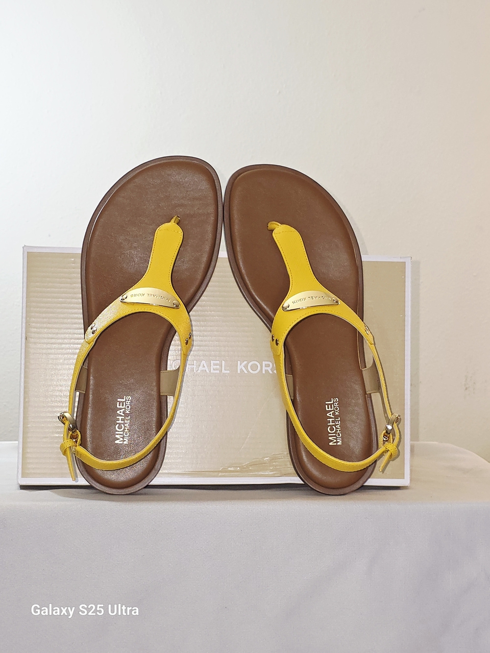 MICHAEL Michael Kors Logo Plate Leather Sandal In Sunflower  Size 7.5M